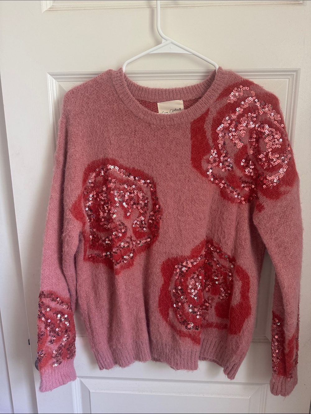 Sequin Floral Crewneck Sweater in Dusty Pink